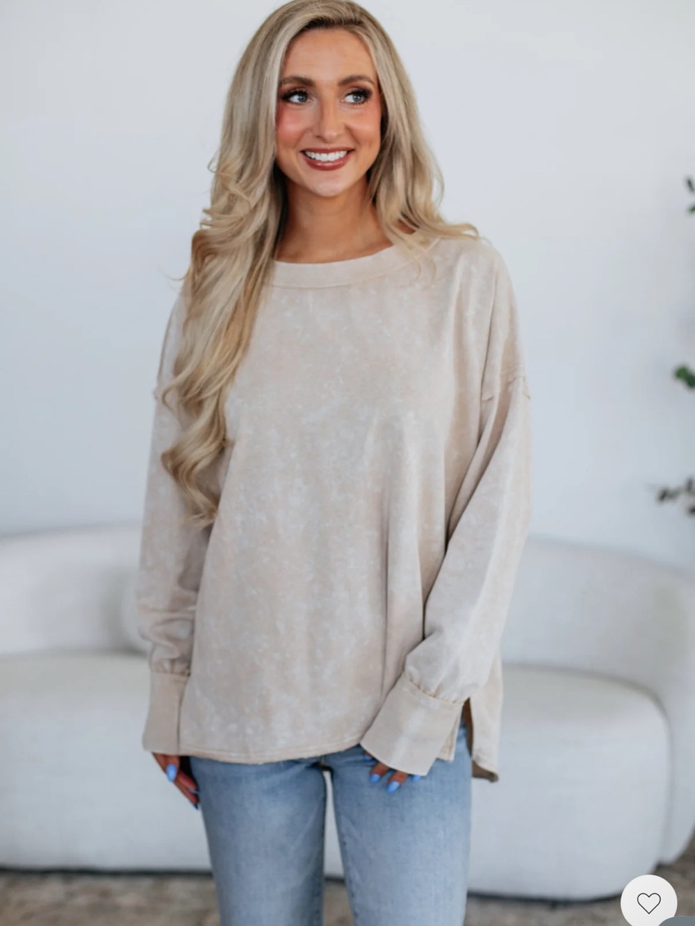 white birch Beige Mineral-Wash Long Sleeve Sweatshirt